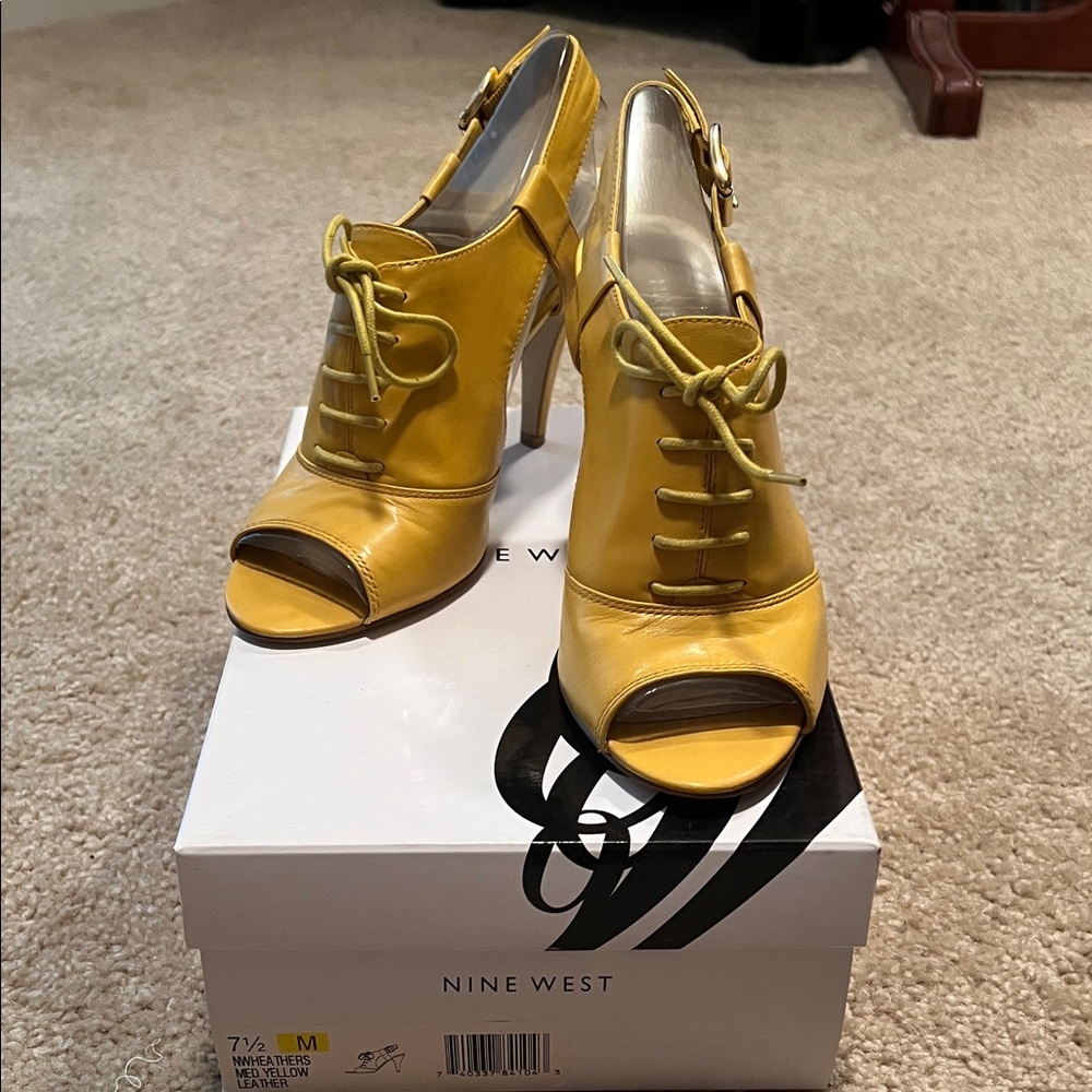 Nine West Yellow Lace-Up Peep Toe Heels